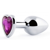 Серебристая анальная пробка с фиолетовым кристаллом-сердечком - 8 см. - Anal Jewelry Plug - купить с доставкой в Волгодонске