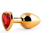 Золотистая анальная пробка с красным стразом-сердечком - 8 см. - Anal Jewelry Plug - купить с доставкой в Волгодонске