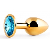 Золотистая анальная пробка с голубым стразом - 7,2 см. - Anal Jewelry Plug - купить с доставкой в Волгодонске