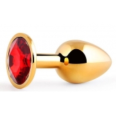 Золотистая анальная пробка с красным стразом - 7,2 см. - Anal Jewelry Plug - купить с доставкой в Волгодонске