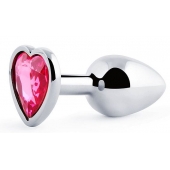 Серебристая анальная пробка с розовым кристаллом-сердечком - 7 см. - Anal Jewelry Plug - купить с доставкой в Волгодонске