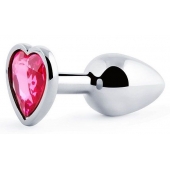 Серебристая анальная пробка с малиновым кристаллом-сердечком - 7 см. - Anal Jewelry Plug - купить с доставкой в Волгодонске