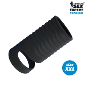 Черная открытая насадка на пенис с кольцом для мошонки XXL-size - 9,4 см. - Sex Expert - в Волгодонске купить с доставкой