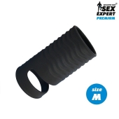 Черная открытая насадка на пенис с кольцом для мошонки size M - 7,9 см. - Sex Expert - в Волгодонске купить с доставкой