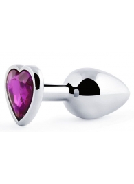 Серебристая анальная пробка с фиолетовым кристаллом-сердечком - 8 см. - Anal Jewelry Plug - купить с доставкой в Волгодонске