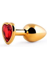 Золотистая анальная пробка с красным стразом-сердечком - 8 см. - Anal Jewelry Plug - купить с доставкой в Волгодонске