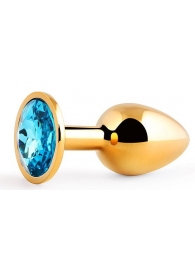 Золотистая анальная пробка с голубым стразом - 7,2 см. - Anal Jewelry Plug - купить с доставкой в Волгодонске