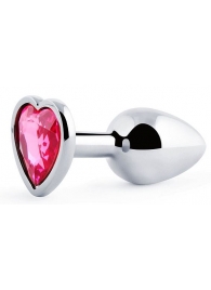 Серебристая анальная пробка с розовым кристаллом-сердечком - 7 см. - Anal Jewelry Plug - купить с доставкой в Волгодонске