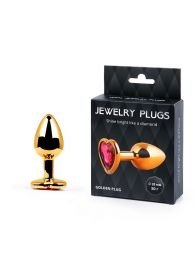 Золотистая анальная пробка с малиновым кристаллом-сердечком - 7 см. - Anal Jewelry Plug - купить с доставкой в Волгодонске
