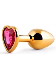 Золотистая анальная пробка с малиновым кристаллом-сердечком - 7 см. - Anal Jewelry Plug - купить с доставкой в Волгодонске