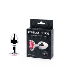 Серебристая анальная пробка с малиновым кристаллом-сердечком - 7 см. - Anal Jewelry Plug - купить с доставкой в Волгодонске