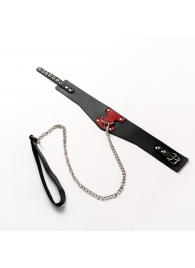 Черный широкий ошейник с красным декором и поводком - Crazy Handmade - купить с доставкой в Волгодонске