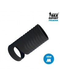 Черная открытая насадка на пенис с кольцом для мошонки size M - 7,9 см. - Sex Expert - в Волгодонске купить с доставкой