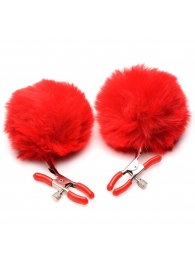 Красные зажимы на соски с помпонами Pom Pom - XR Brands - купить с доставкой в Волгодонске