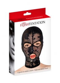 Черная кружевная маска на голову с отверстиями для глаз и рта - Fetish Tentation - купить с доставкой в Волгодонске