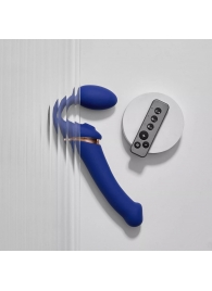 Синий безремневой страпон Multi Orgasm Bendable Strap-On size L с клиторальной стимуляцией - Strap-on-me - купить с доставкой в Волгодонске