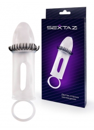 Закрытая насадка на пенис с подхватом мошонки и стимулирующими «ресничками» - Sextaz - в Волгодонске купить с доставкой