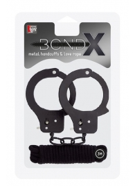 Чёрные наручники из листового металла в комплекте с веревкой BONDX METAL CUFFS LOVE ROPE SET - Dream Toys - купить с доставкой в Волгодонске