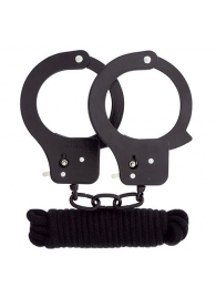 Чёрные наручники из листового металла в комплекте с веревкой BONDX METAL CUFFS LOVE ROPE SET - Dream Toys - купить с доставкой в Волгодонске