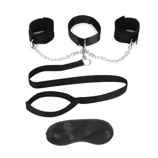 Чёрный ошейник с наручниками и поводком Collar Cuffs   Leash Set - Lux Fetish - купить с доставкой в Волгодонске