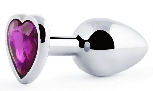 Серебристая анальная пробка с фиолетовым кристаллом-сердечком - 8 см. - Anal Jewelry Plug - купить с доставкой в Волгодонске