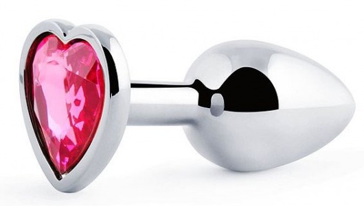Серебристая анальная пробка с розовым кристаллом-сердечком - 7 см. - Anal Jewelry Plug - купить с доставкой в Волгодонске