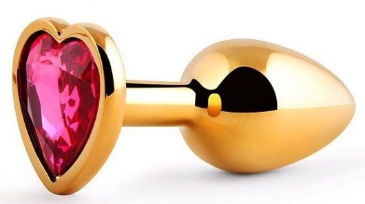 Золотистая анальная пробка с малиновым кристаллом-сердечком - 7 см. - Anal Jewelry Plug - купить с доставкой в Волгодонске