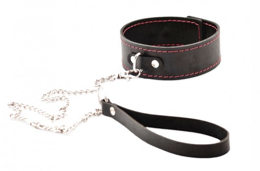 Черный широкий ошейник с красной строчкой и поводком - Crazy Handmade - купить с доставкой в Волгодонске