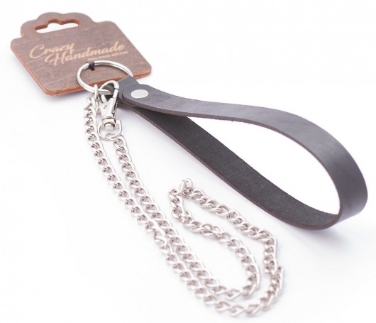 Серебристый металлический поводок с кожаной черной ручкой - 80 см. - Crazy Handmade - купить с доставкой в Волгодонске