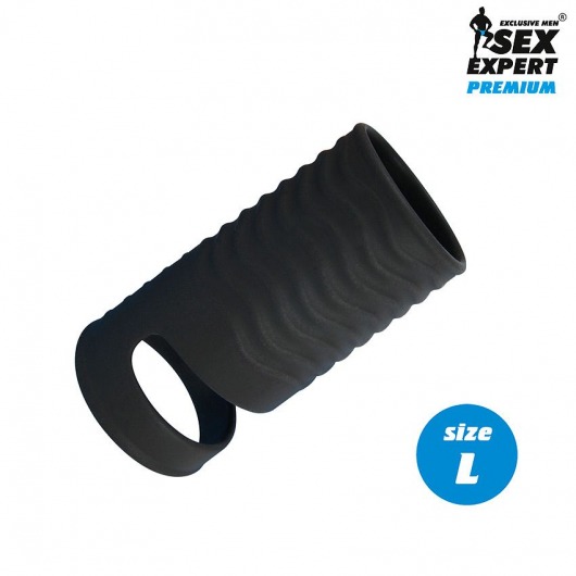 Черная открытая насадка на пенис с кольцом для мошонки L-size - 8,5 см. - Sex Expert - в Волгодонске купить с доставкой