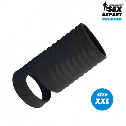 Черная открытая насадка на пенис с кольцом для мошонки XXL-size - 9,4 см. - Sex Expert - в Волгодонске купить с доставкой