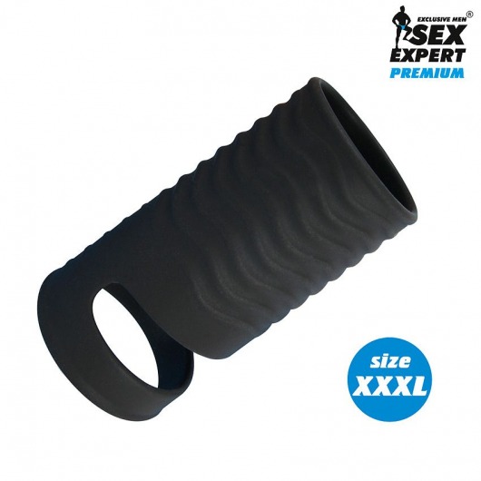 Черная открытая насадка на пенис с кольцом для мошонки XXXL-size - 9,9 см. - Sex Expert - в Волгодонске купить с доставкой