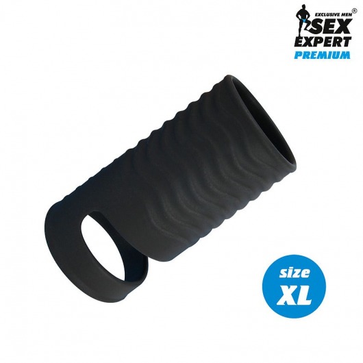 Черная открытая насадка на пенис с кольцом для мошонки XL-size - 8,9 см. - Sex Expert - в Волгодонске купить с доставкой