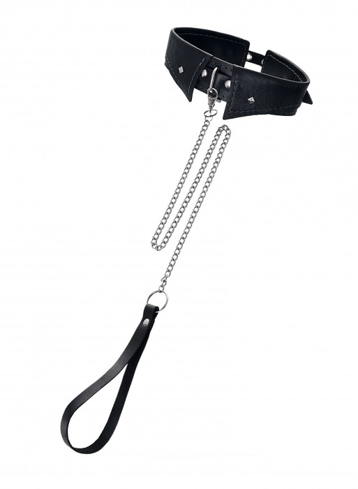 Черный кожаный ошейник-воротник с поводком - Pecado - купить с доставкой в Волгодонске