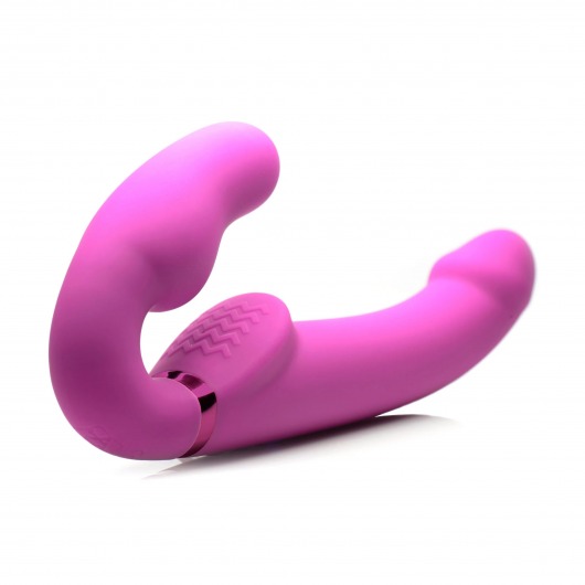 Розовый безремневой страпон с вибрацией и функцией расширения Inflatable Ergo-Fit Strapless Strap-On - XR Brands - купить с доставкой в Волгодонске