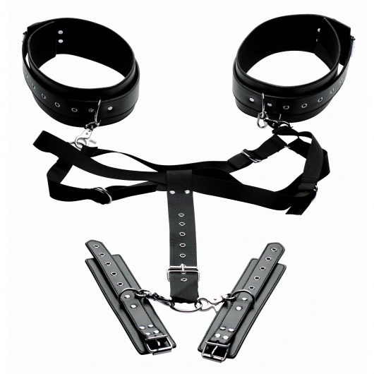 Черная бондажная система Acquire Easy Access Thigh Harness with Wrist Cuffs - XR Brands - купить с доставкой в Волгодонске