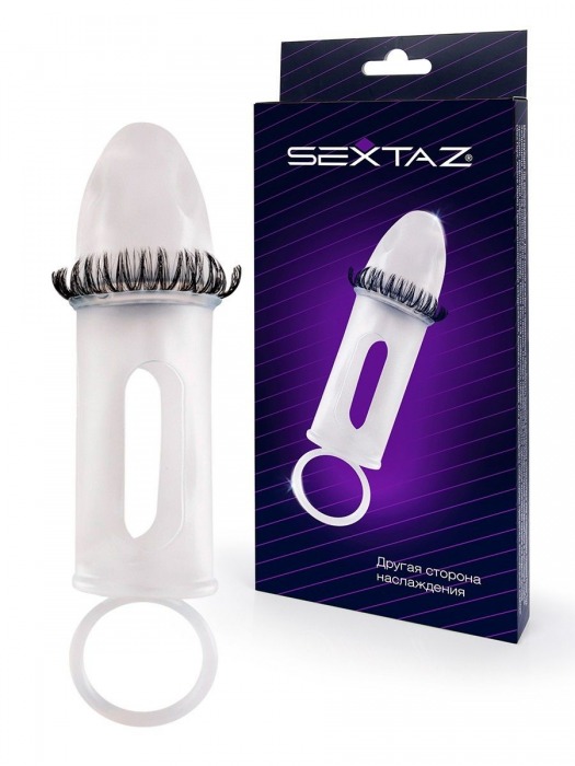 Закрытая насадка на пенис с подхватом мошонки и стимулирующими «ресничками» - Sextaz - в Волгодонске купить с доставкой