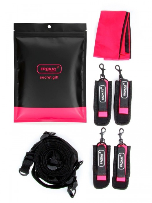 Черно-розовый эротический набор: фиксатор, оковы, наручники, повязка - Erokay - купить с доставкой в Волгодонске